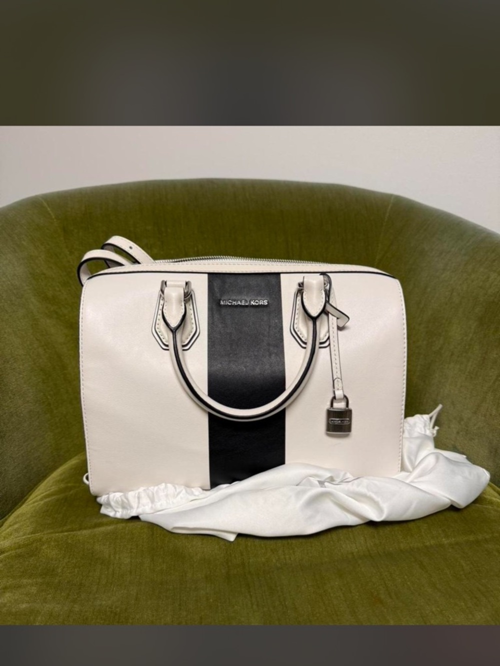 Michael Kors White Satchel with Black Center Stripe